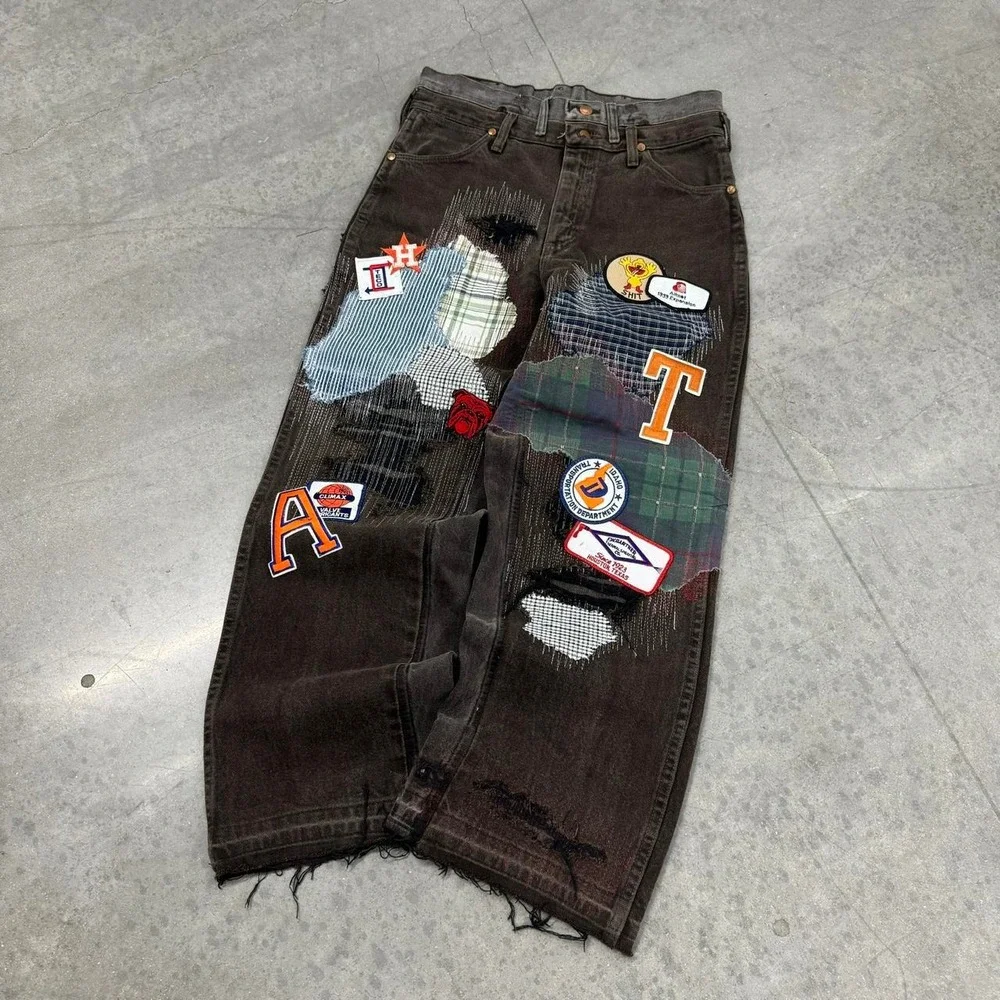 1 OF 1 Fedi Cartel VINTAGE USA MADE BAGGY Brown Patchwork Denim Jeans - 30/28
